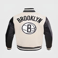 Brooklyn Nets Off White Body Black Leather Sleeves Jacket