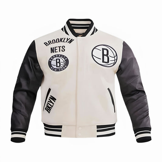 Brooklyn Nets Off White Body Black Leather Sleeves Jacket