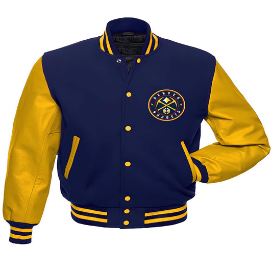 Denver Nuggets Navy Blue Body Yellow Leather Sleeves Varsity Jacket Custom Made jacket  Letterman Jacket