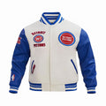 Detroit Pistons Off White Body Royal Blue Leather Sleeves Varsity Jacket Custom Made jacket  Letterman Jacket