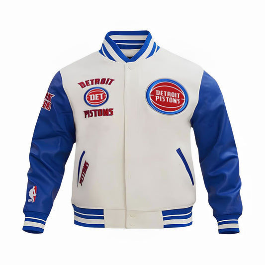 Detroit Pistons Off White Body Royal Blue Leather Sleeves Varsity Jacket Custom Made jacket  Letterman Jacket