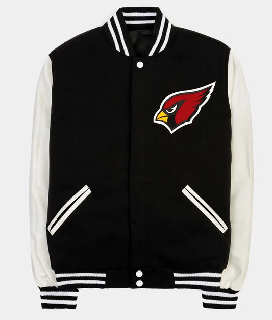 NFL Arizona Cardinals Black Body White Leather Sleeves Jacket Varsity Jacket