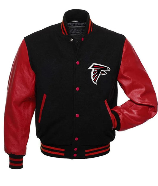 NFL Atlanta Falcons - Black Body Red Leather Sleeves Jacket Varsity Jacket