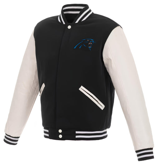NFL Carolina Panthers - Black Body White Leather Sleeves Jacket Varsity Jacket