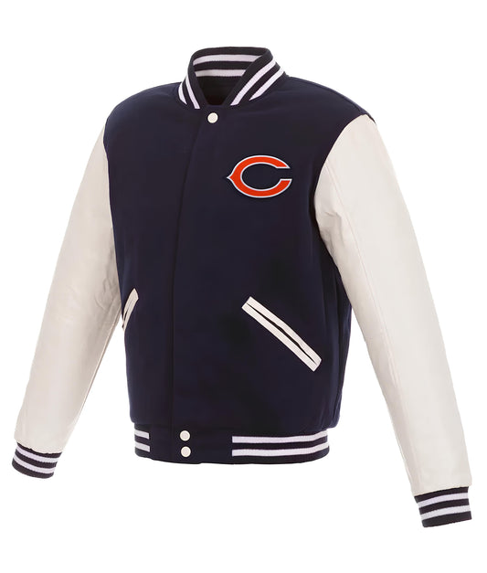 NFL Chicago Bears - Navy Blue Body White Leather Sleeves Jacket Varsity Jacket