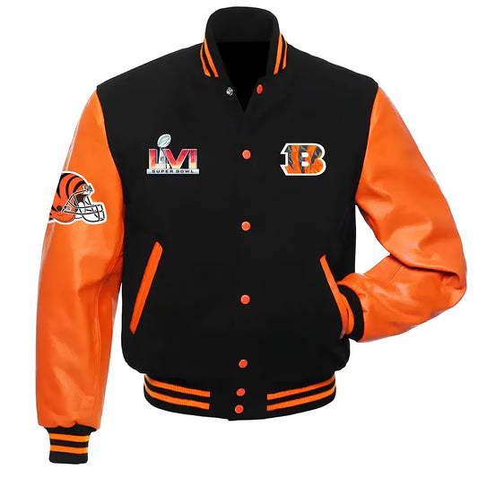 NFL Cincinnati Bengals - Black Body Orange Leather Sleeves Jacket Varsity Jacket