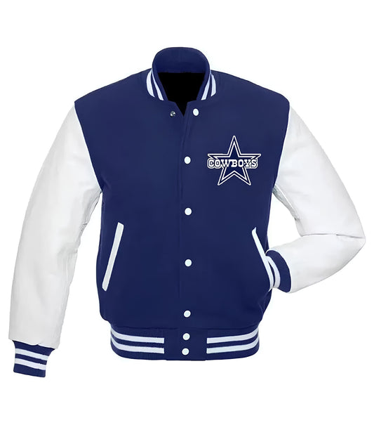 NFL Dallas Cowboys - Royal Blue Body White Leather Sleeves Jacket Varsity Jacket