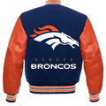NFL Denver Broncos - Navy Blue Body Orange Leather Sleeves Jacket Varsity Jacket
