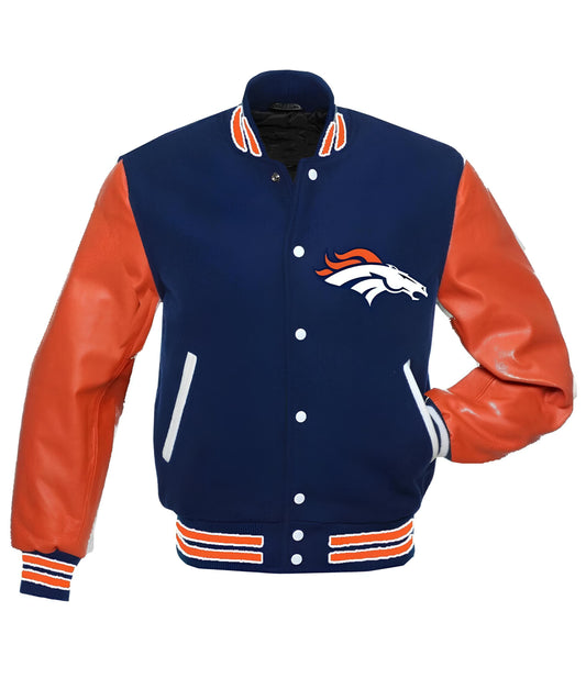NFL Denver Broncos - Navy Blue Body Orange Leather Sleeves Jacket Varsity Jacket