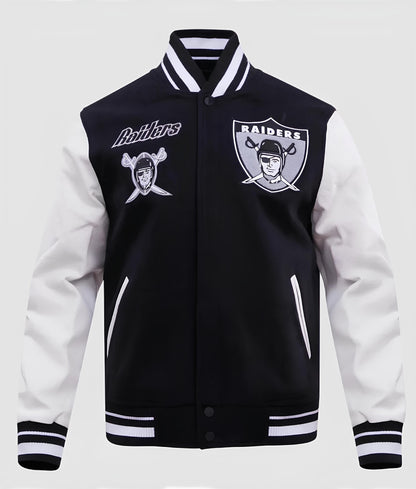 NFL Las Vegas Raiders Black Body White Leather Sleeves Jacket Varsity Jacket
