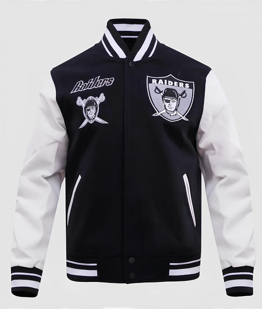 NFL Las Vegas Raiders Black Body White Leather Sleeves Jacket Varsity Jacket