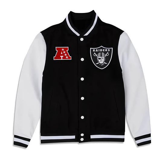 NFL Las Vegas Raiders Black Body White Leather Sleeves Jacket Varsity Jacket