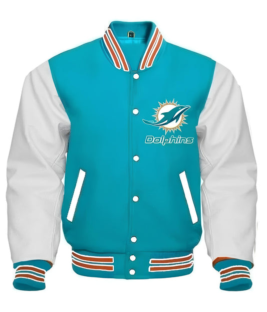NFL Miami Dolphins Turquoise Body White Leather Sleeves Jacket Varsity Jacket