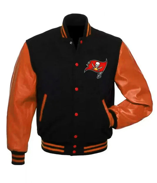 NFL Tampa Bay Buccaneers Black Body Orange Leather Sleeves Jacket Varsity Jacket