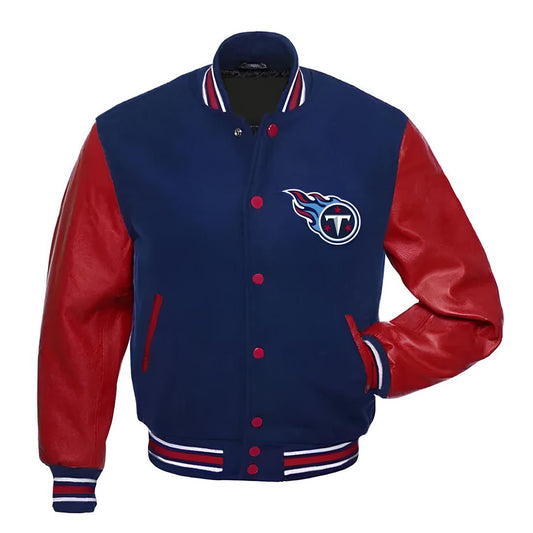 NFL Tennessee Titans Navy Blue Body Red Leather Sleeves Jacket Varsity Jacket