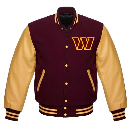 NFL Washington Commanders Maroon Body Golden Leather Sleeves Jacket Varsity Jacket