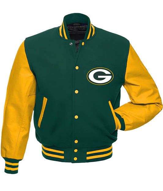 NFL Green Bay Packers - Forest Green Body Gold Leather Sleeves Jacket Varsity Jacket