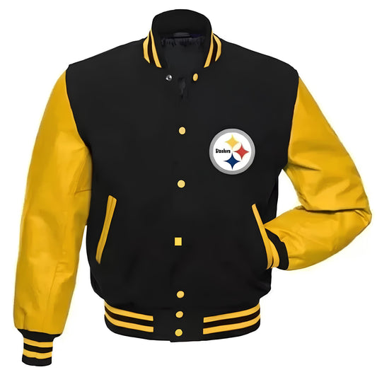 NFL Pittsburgh Steelers Black Body Golden Leather Sleeves Jacket Varsity Jacket