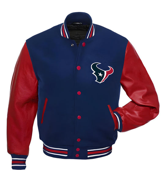 NFL Houston Texans Navy Blue Body Red Leather Sleeves Jacket  Varsity Jacket