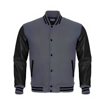 Gray Body Black Leather Sleeves Jacket Varsity Jacket Custom Made Jacket