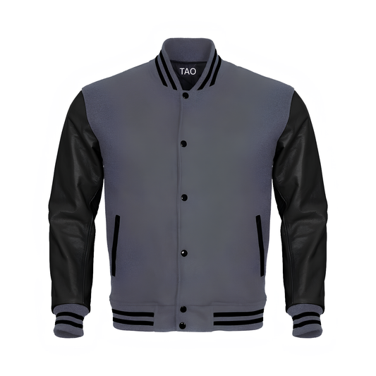 Gray Body Black Leather Sleeves Jacket Varsity Jacket Custom Made Jacket
