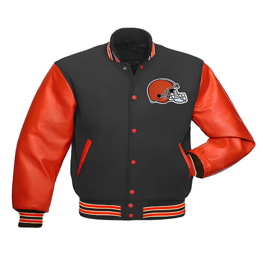 NFL Cleveland Browns - Black Body Orange Leather Sleeves Jacket Varsity Jacket