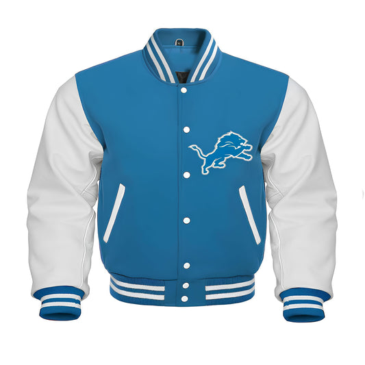 NFL Detroit Lions - Sky Blue Body White Leather Sleeves Jacket Varsity Jacket