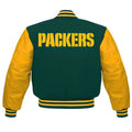NFL Green Bay Packers - Forest Green Body Gold Leather Sleeves Jacket Varsity Jacket