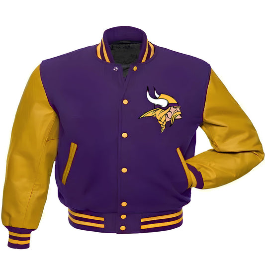 NFL Minnesota Vikings Purple Body Golden Leather Sleeves Jacket Varsity Jacket