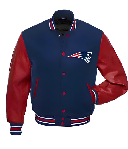 NFL New England Patriots Royal Blue Body Red Leather Sleeves Jacket Varsity Jacket