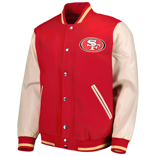 NFL San Francisco 49ers Red Body Cream Leather Sleeves Jacket Varsity Jacket